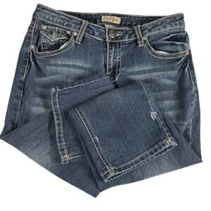 Earl Blue Denim Bling Jeans Capri Crop Embellished Rhinestone Flap Pockets   6